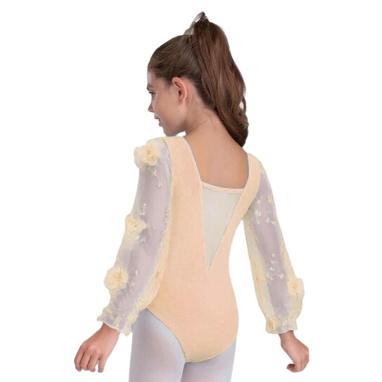 Justaucorps de danse à fleurs 3D pour enfants filles, Costume de spectacle, col en v brodé, maille transparente, manches longues bouffantes, justaucorps de Ballet