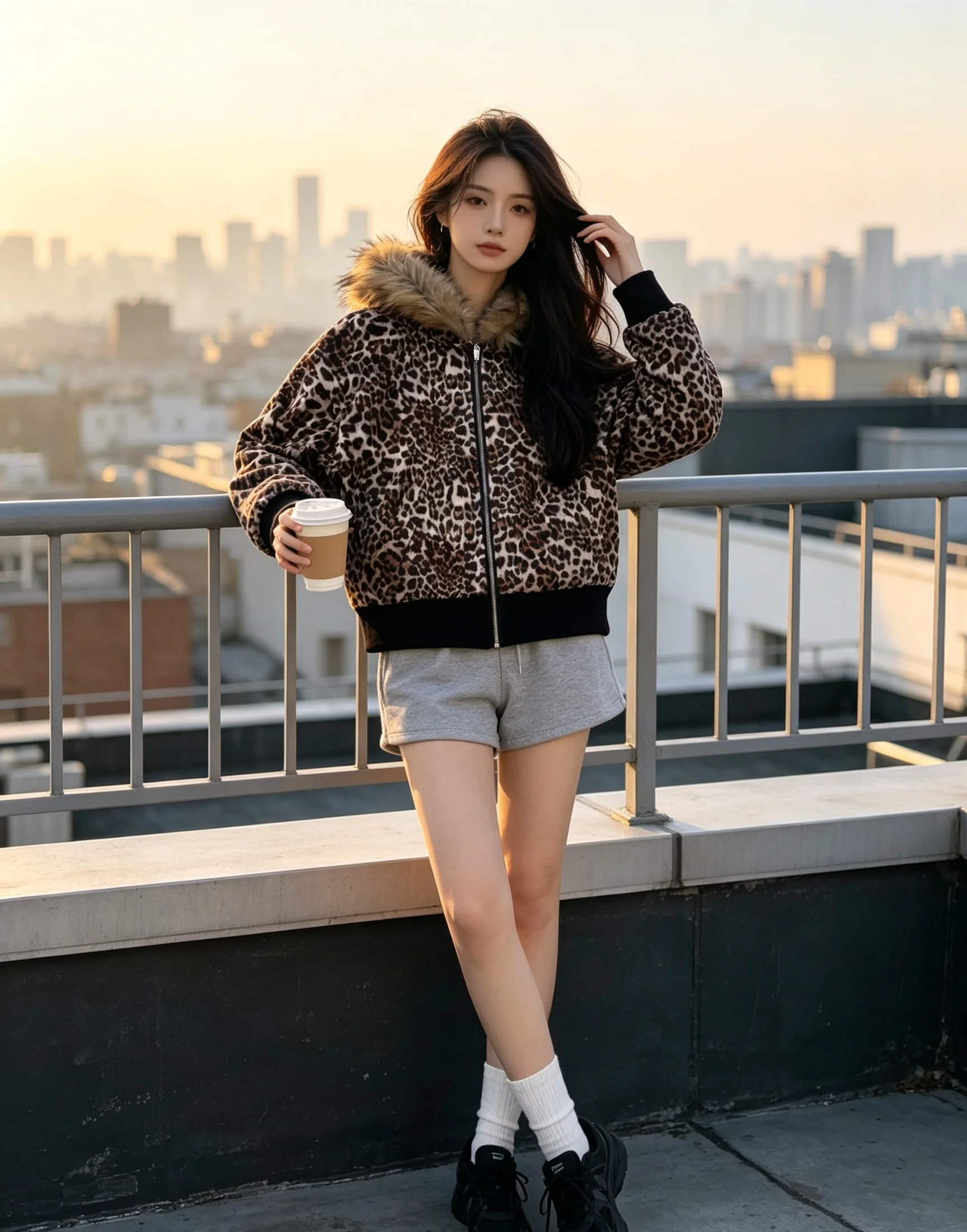 Y2K Leopard Print Fur Trim Hooded Jacket Unisex Baggy Cropped Animal Print Grunge Street Outerwear