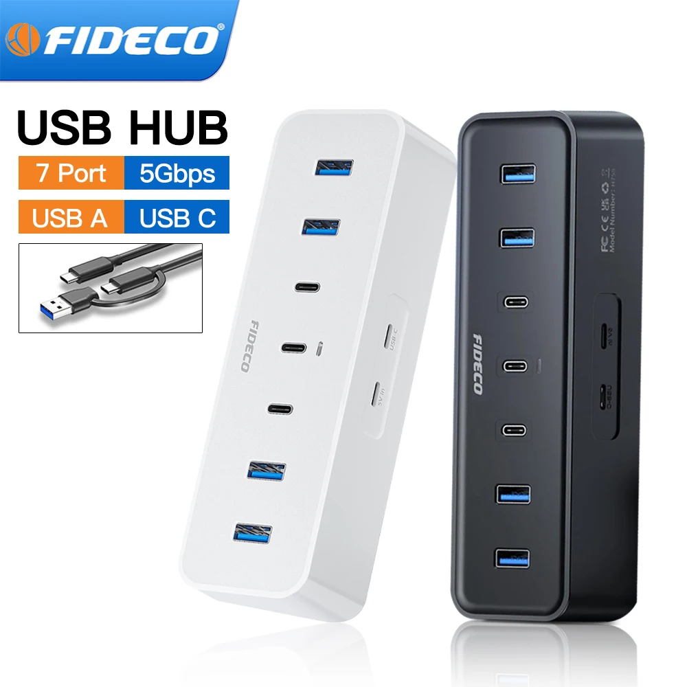 FIDECO 7-Port Docking Station USB 3.0 Hub for Desktop with USB-A and USB-C Ports USB Multiport Adapter and USB Splitter For PC
