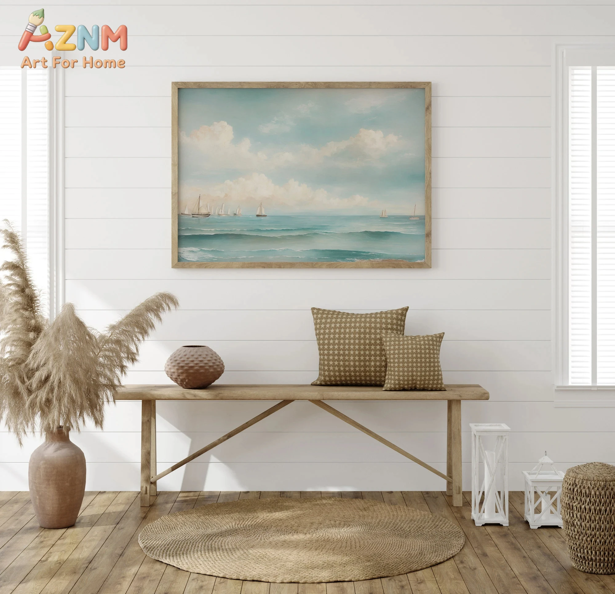 AZNM Vintage Coastal Ocean Sailboat Canvas Wall Art, Modern Blue Sea Wave Cloud Landscape Print, Frameless Nautical Sailing Boat