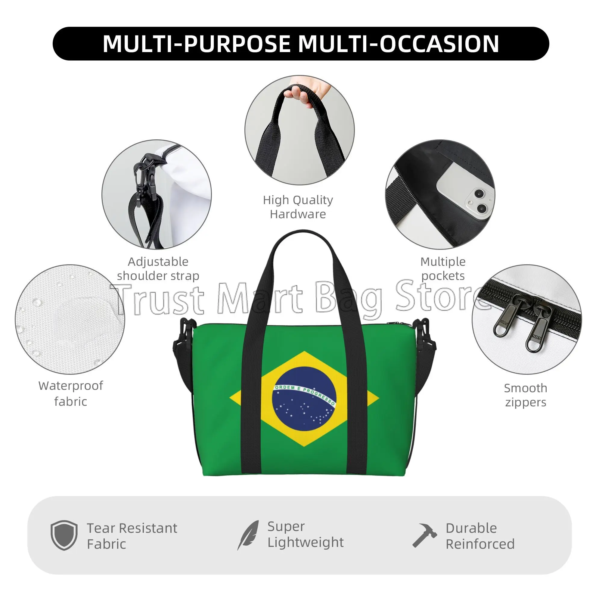 Bolso de viaje con estampado de bandera de Brasil para hombre y mujer, bolsa de hombro impermeable, para llevar durante la noche, para gimnasio