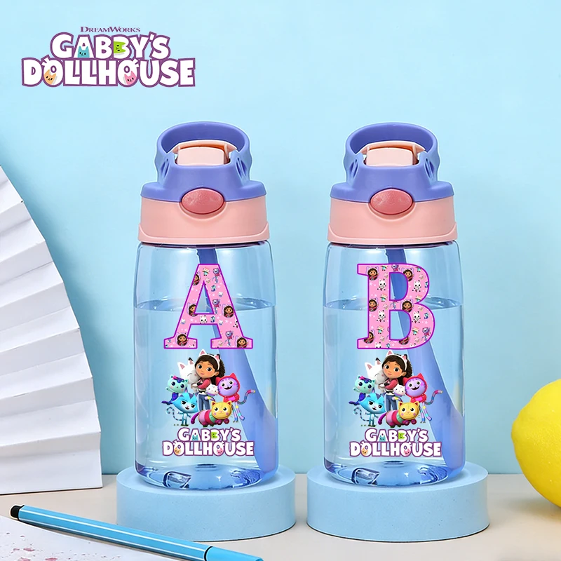 

480ML Gabby Dollhouses Water Cup Girl Cartoon Letter Straw Cup Children Kawaii Portable Water Bottle Sport Drinking Bottle Gift