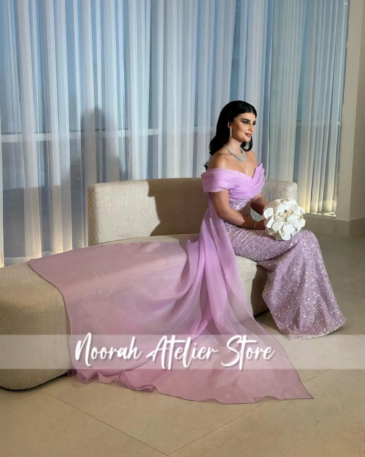

Sparkly Pink Off Shoulder 3D Flower Dubai Evening Dresses 2025 tulle Train wedding dresses Prom Gown فساتين سهرة Customized