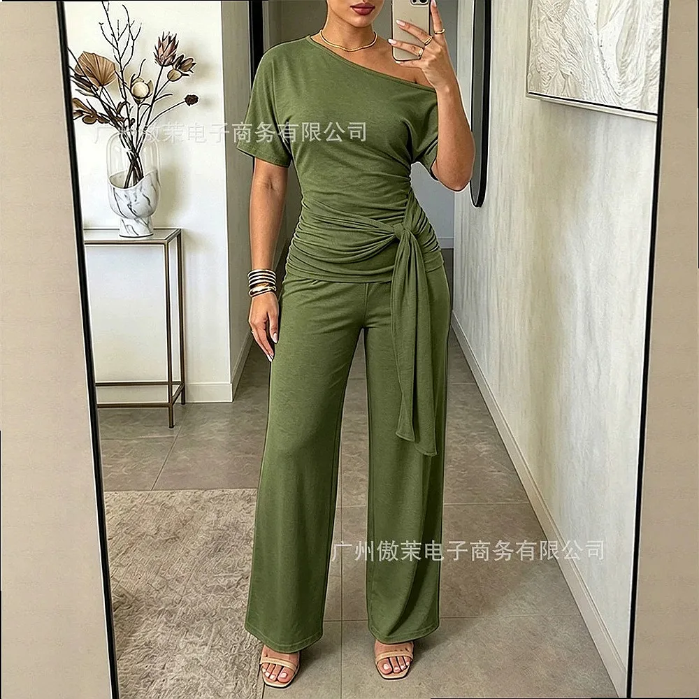 Women's Off Shoulder Tie Waist Top Wide Leg Pants 2 Piece Matching Set Jumpsuit Playsuit