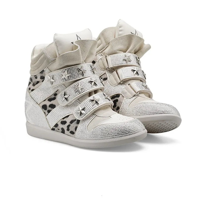 Women Shoes Leopard Print Rhinestone Star Studded Hidden Wedge High Top Sneakers for Women Three Velcro Straps Punk Street Boots