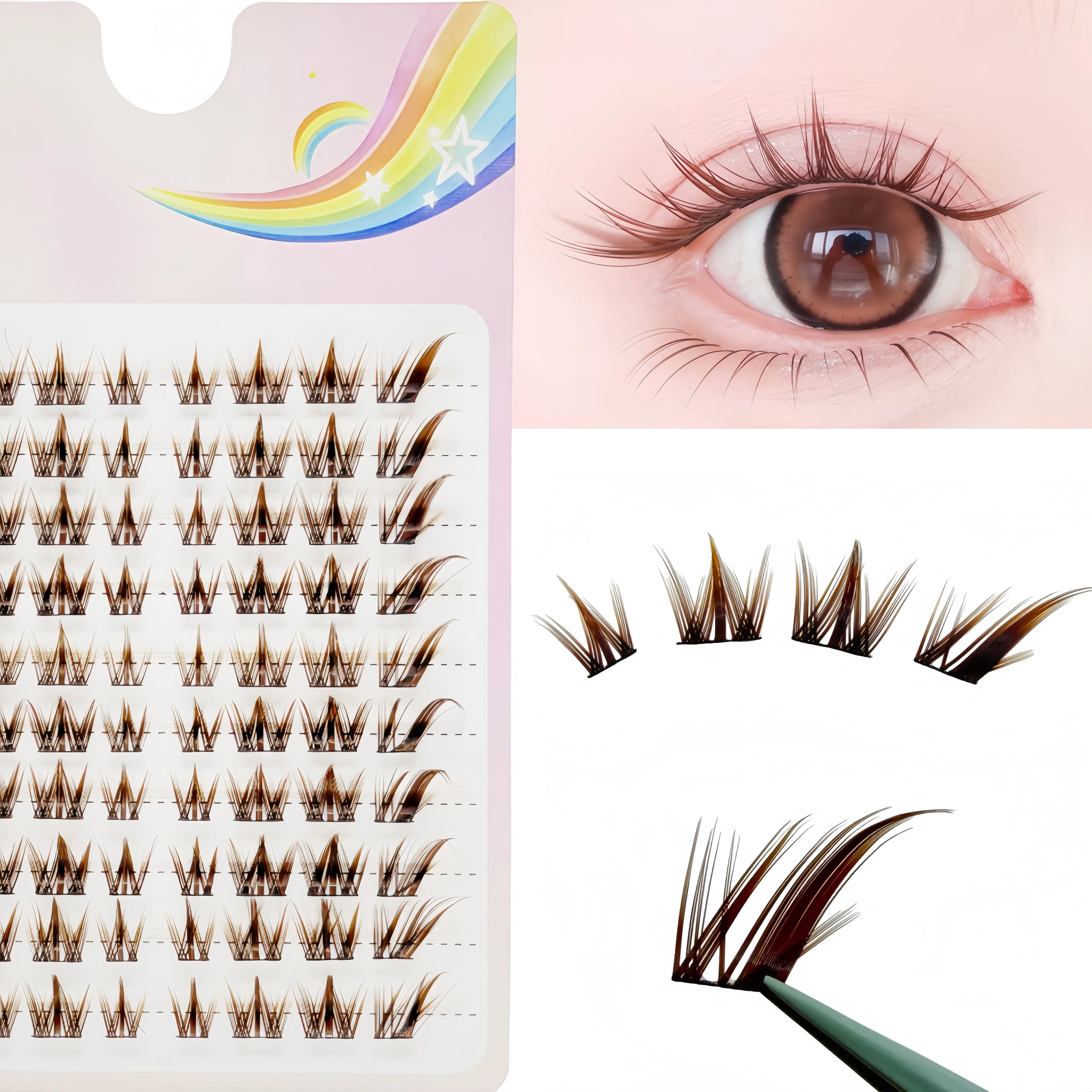 80 brown false eyelashes, delivering an ultra-natural "anime-style" eye look—each lash distinct and separated, offering a refine