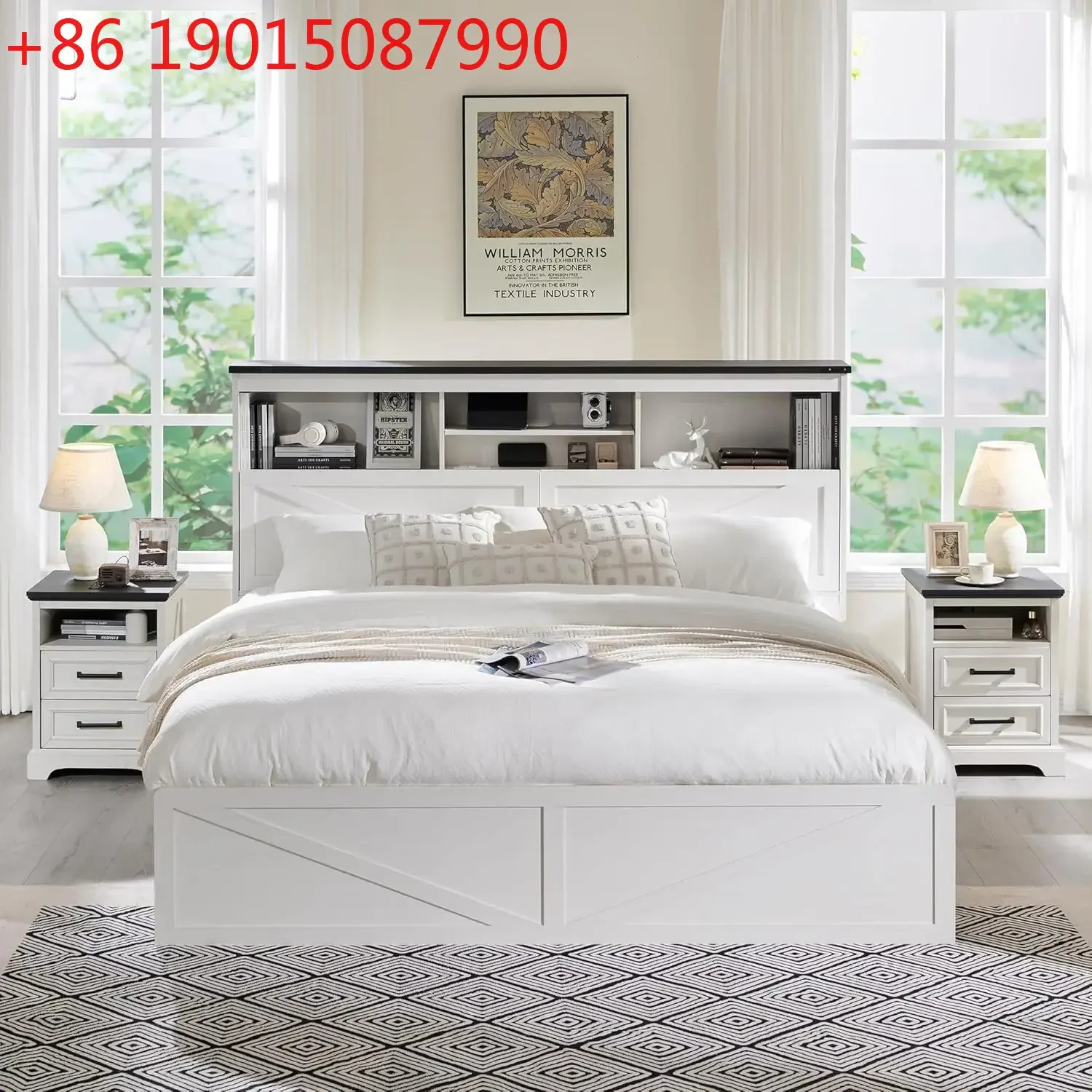 King Size Wood Bed Frame Farmhouse with 52" Tall Storage Bookcase Headboard, LED Light,Charging Station,4 Drawers and Solid