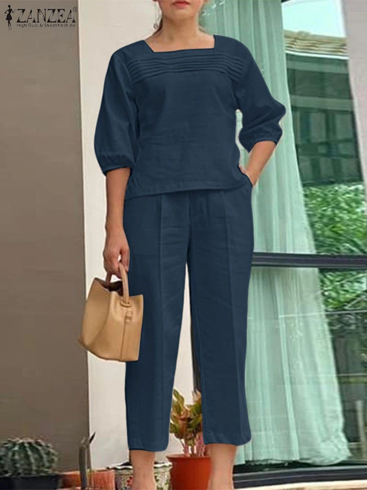 

ZANZEA 2025 Fashion Women Pant Sets Autumn Solid 2pcs Casual Two-piece Outfits 3/4 Sleeve Square Collar Tops and Long Pants Suit