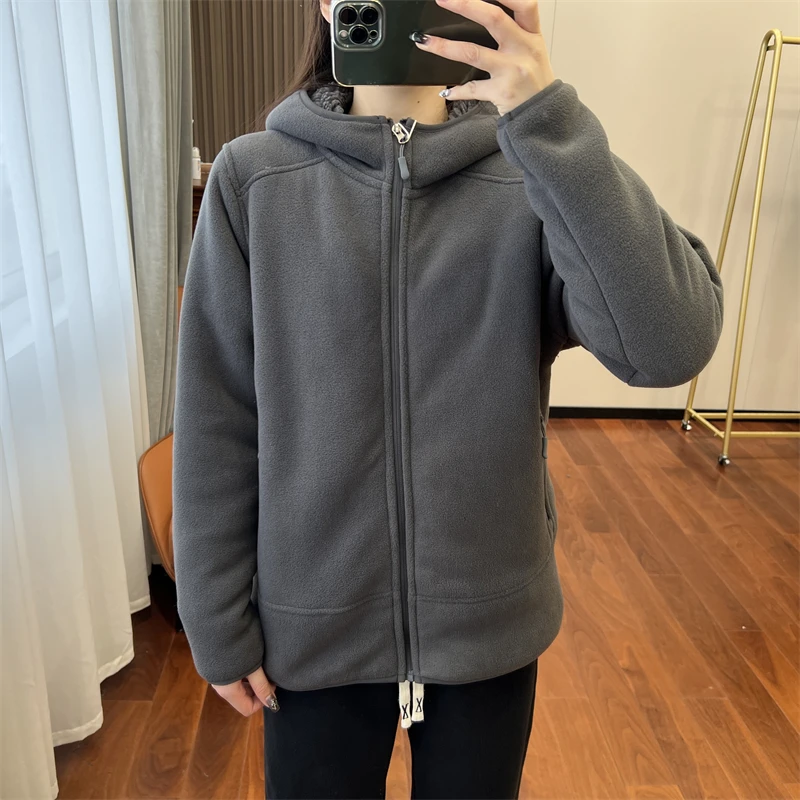 2024 Heating Warm Double-sided Polar Fleece Zipper Hood Thickened Couple Jacket Sweatshirt Women