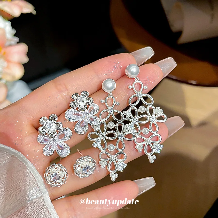 Imperial Filigree Lace Flower Stud Dangle Earring Set Glistening Pearl Hollow Carved Palace Multi Pack Women Ear Jewellery