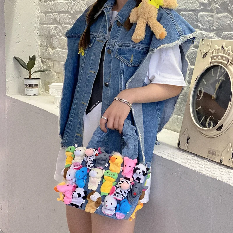 FIRMRANCH Super Cute Double-Sided Doll Cartoon Mini Animal Trend Handbag Shoulder Cross Bag Female Sweet Crinkled Handle Denim