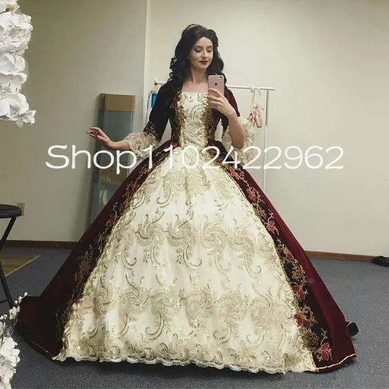 Borgonha veludo vestidos de baile com jaqueta de rabo de fadas champanhe ouro apliques cosplay halloween bruxa má vestido de noite personalizado