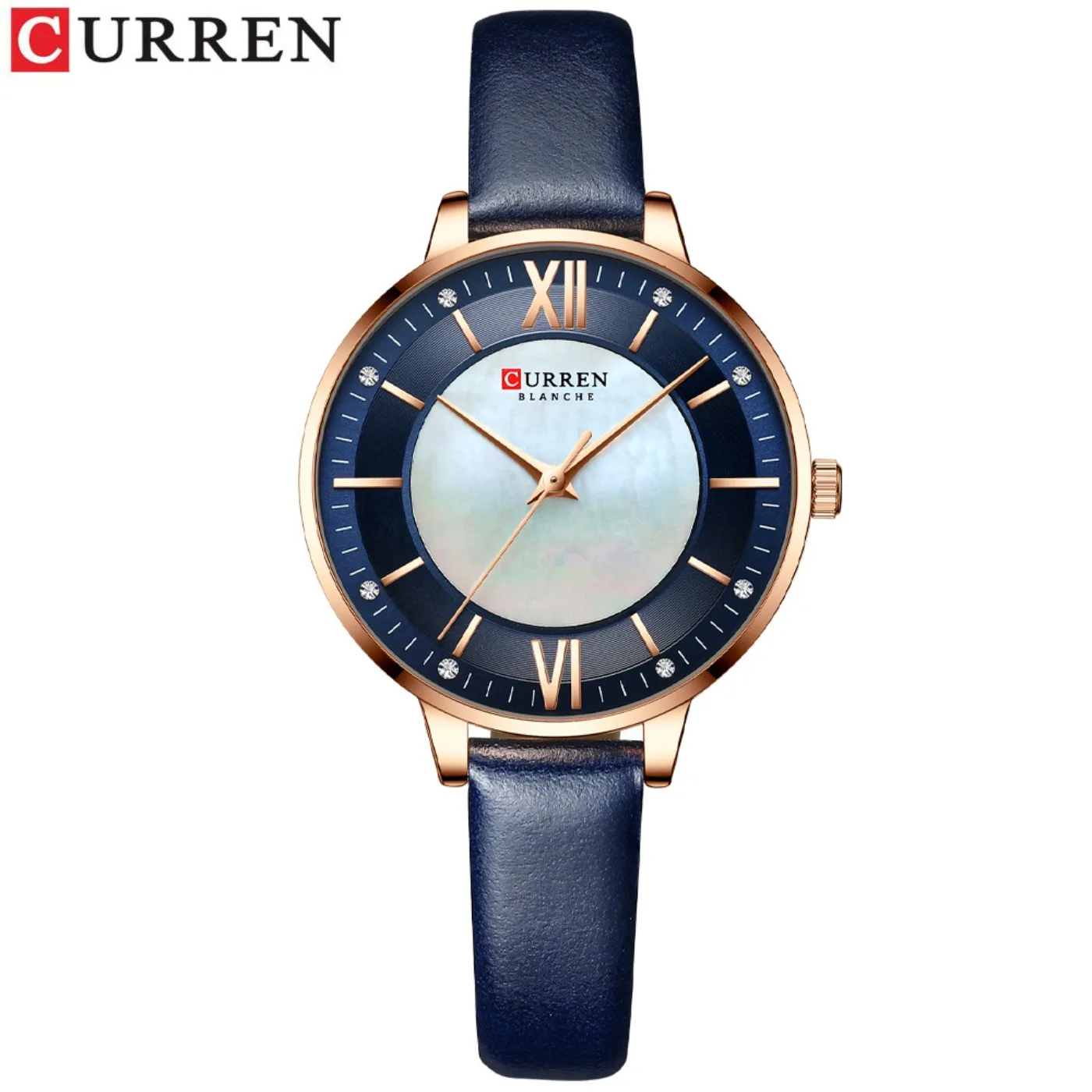 CURREN Branded Women's Watches 2021 Lux Elegant Ladies Wristwatch with Leather Bracelet Royal Blue Gifts