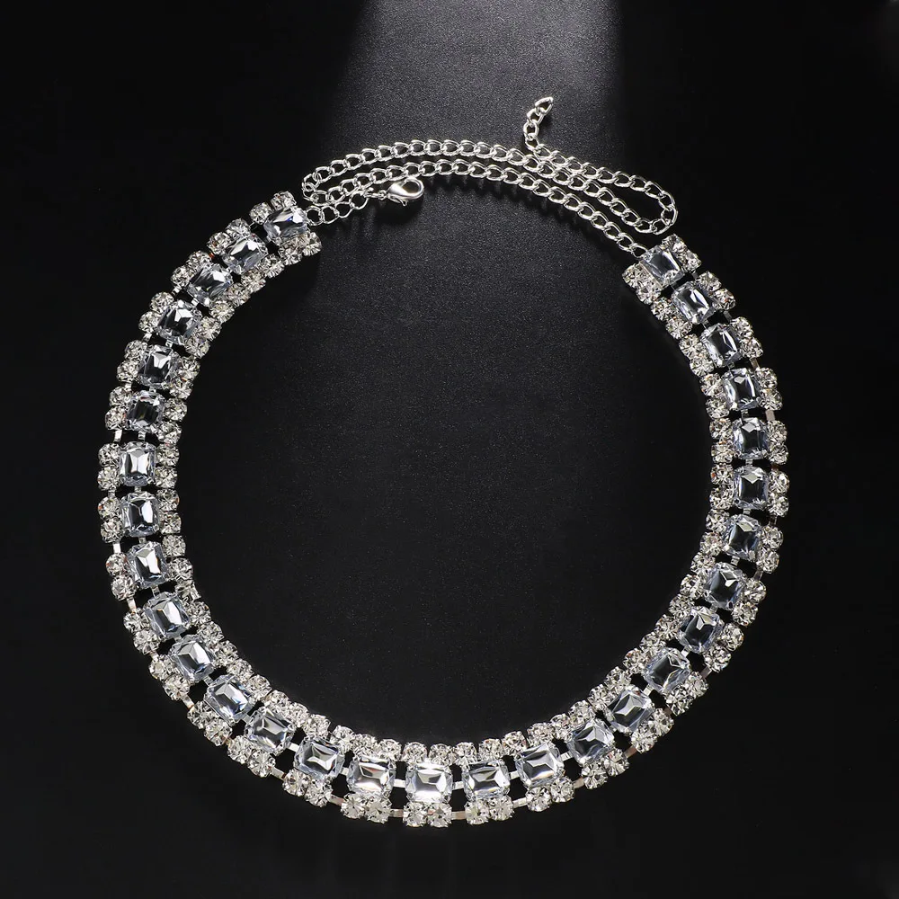 Luxury Flash Rhinestone Geometric Necklace Chain for Women Nightclub Fashion Temperament Square Crystal Collar Choker Party Gift