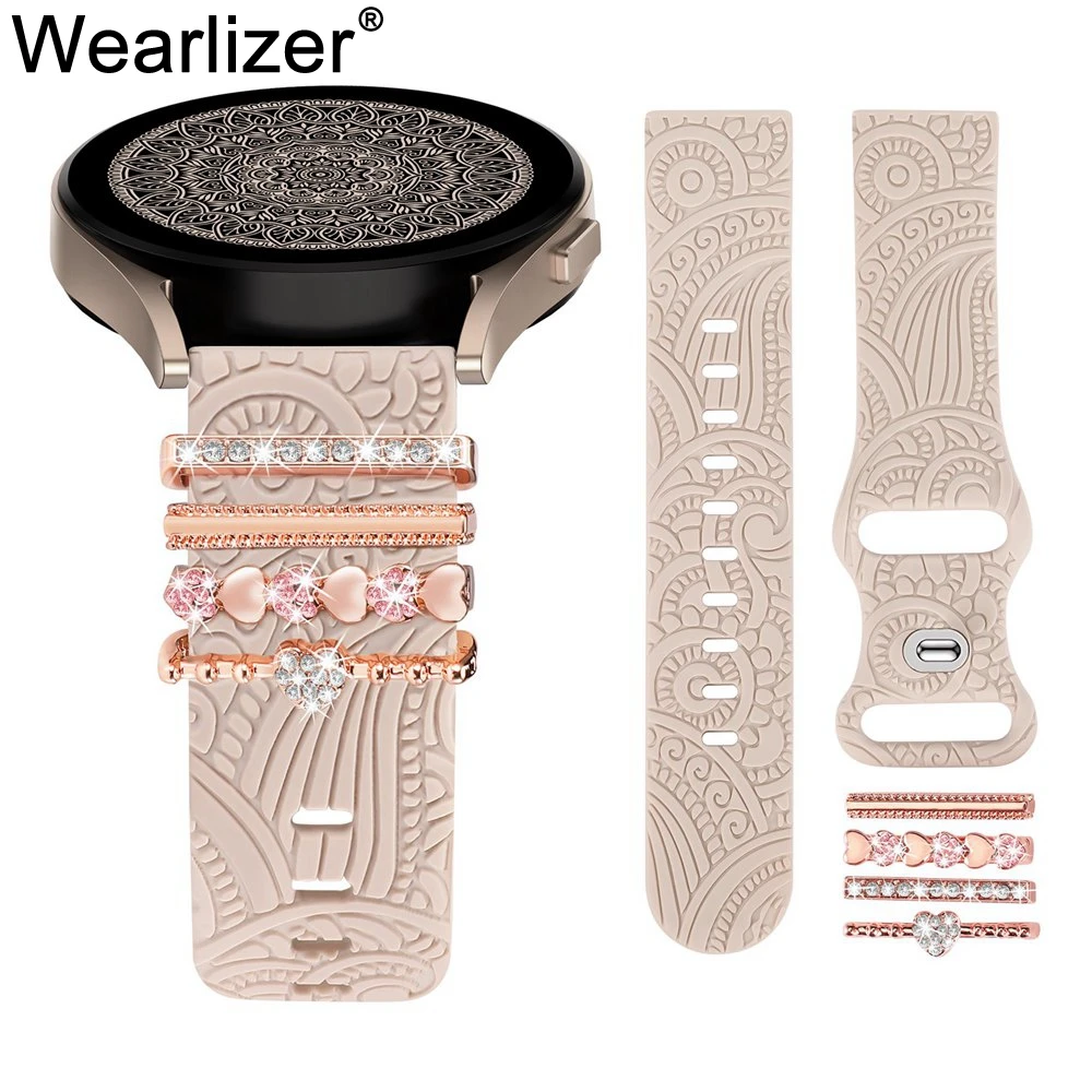 Wearlizer Floral Engraved Band with Decorative Charms for Samsung Galaxy Watch 7/6/5/4 40mm 44mm 20mm Silicone Band for Women