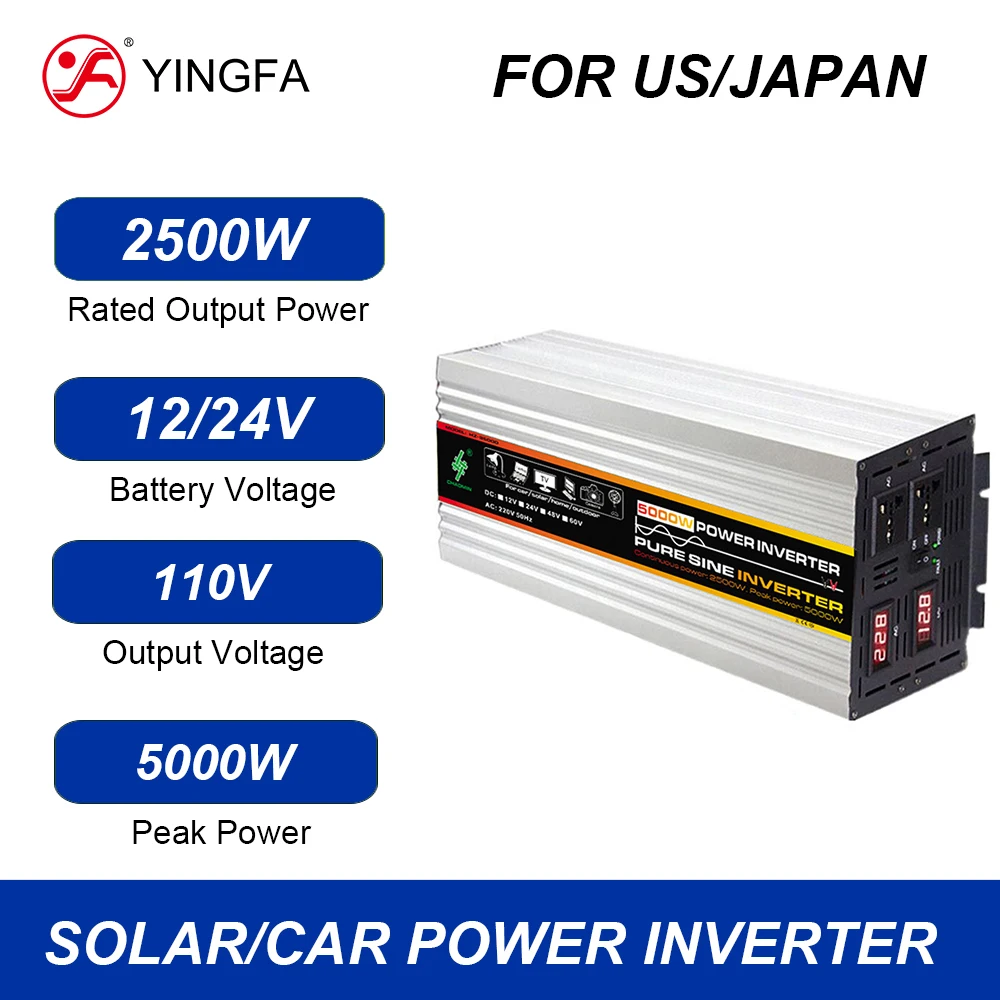 YINGFA For USA Canada Japan Rated Output Power 2500W Peak 5000W DC 12V 24V To AC 110V Pure Sine Wave Power Inverters For Camping