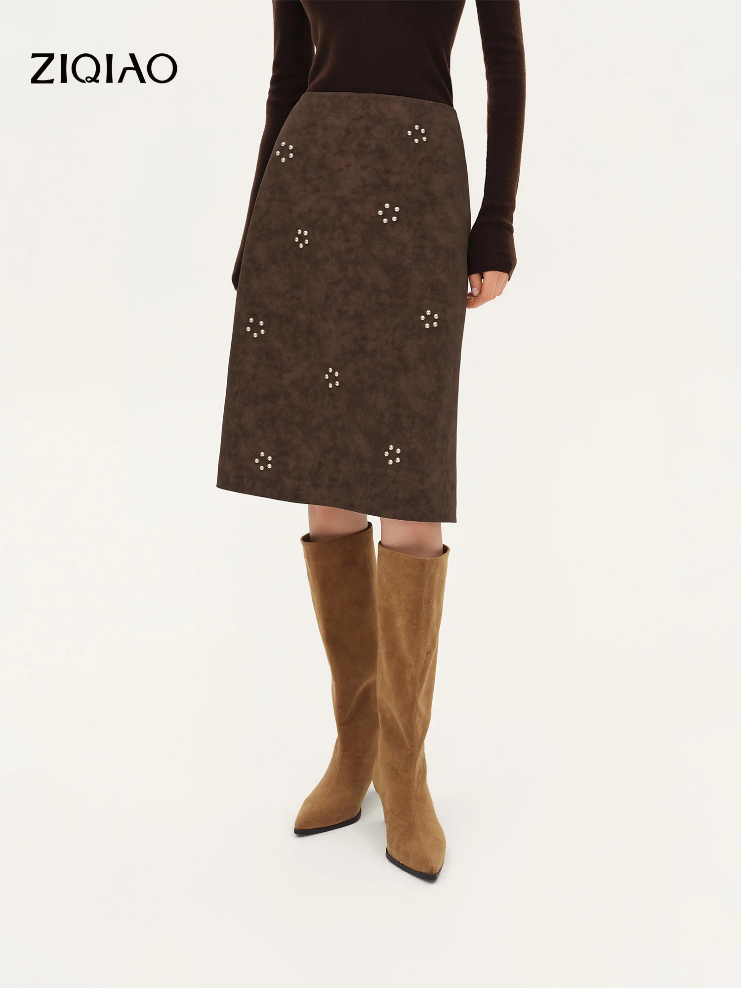ZIQIAO 2026 Fall New Brown Faux Suede Straight Midi Skirt, Floral Studded Vintage A-Line Skirt for Rachel 90s Office Chic Style
