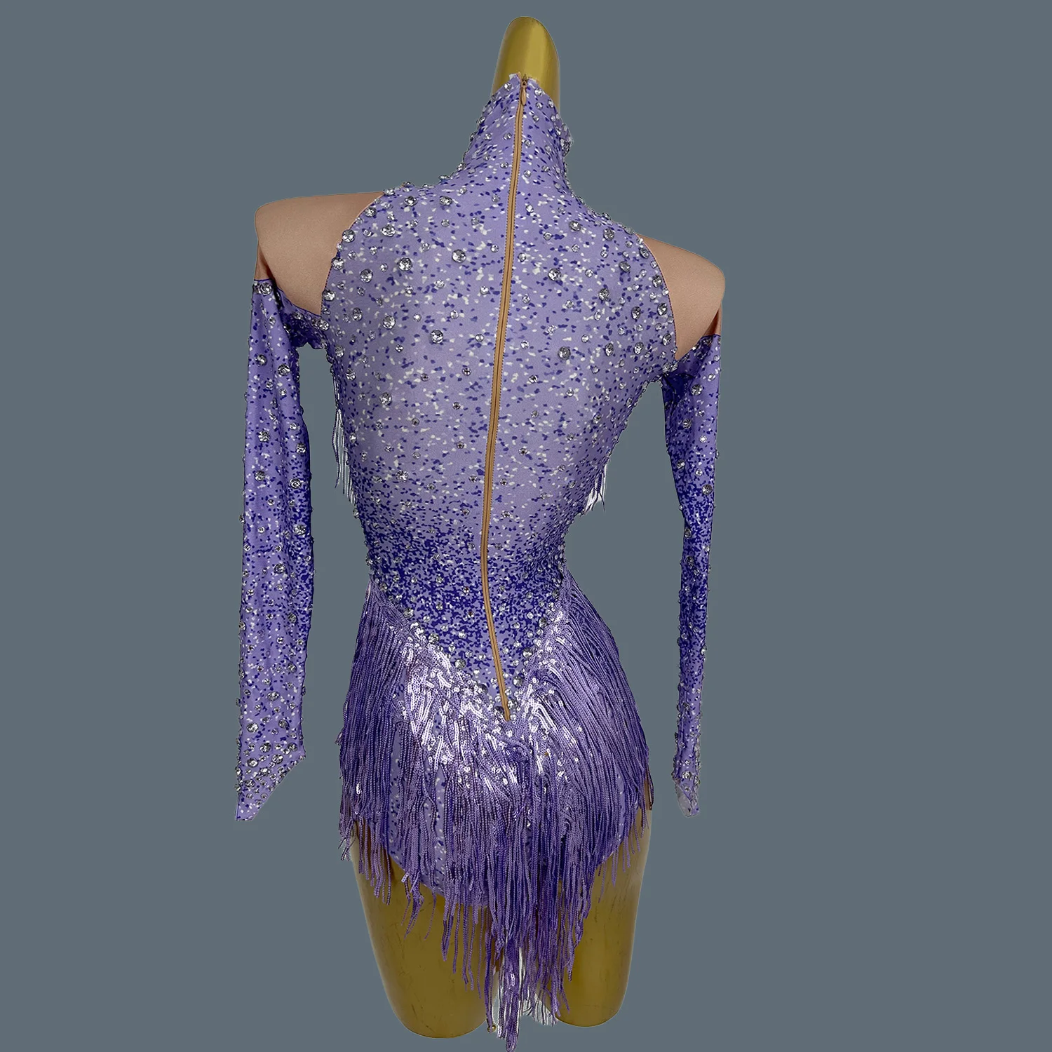 Seksowny strój sceniczny, błyszczący kombinezon z dżetami i frędzlami, damski strój dla zespołu tańczącego latynoamerykańskie tańce, spandexowy kombinezon z długim rękawem, latiao