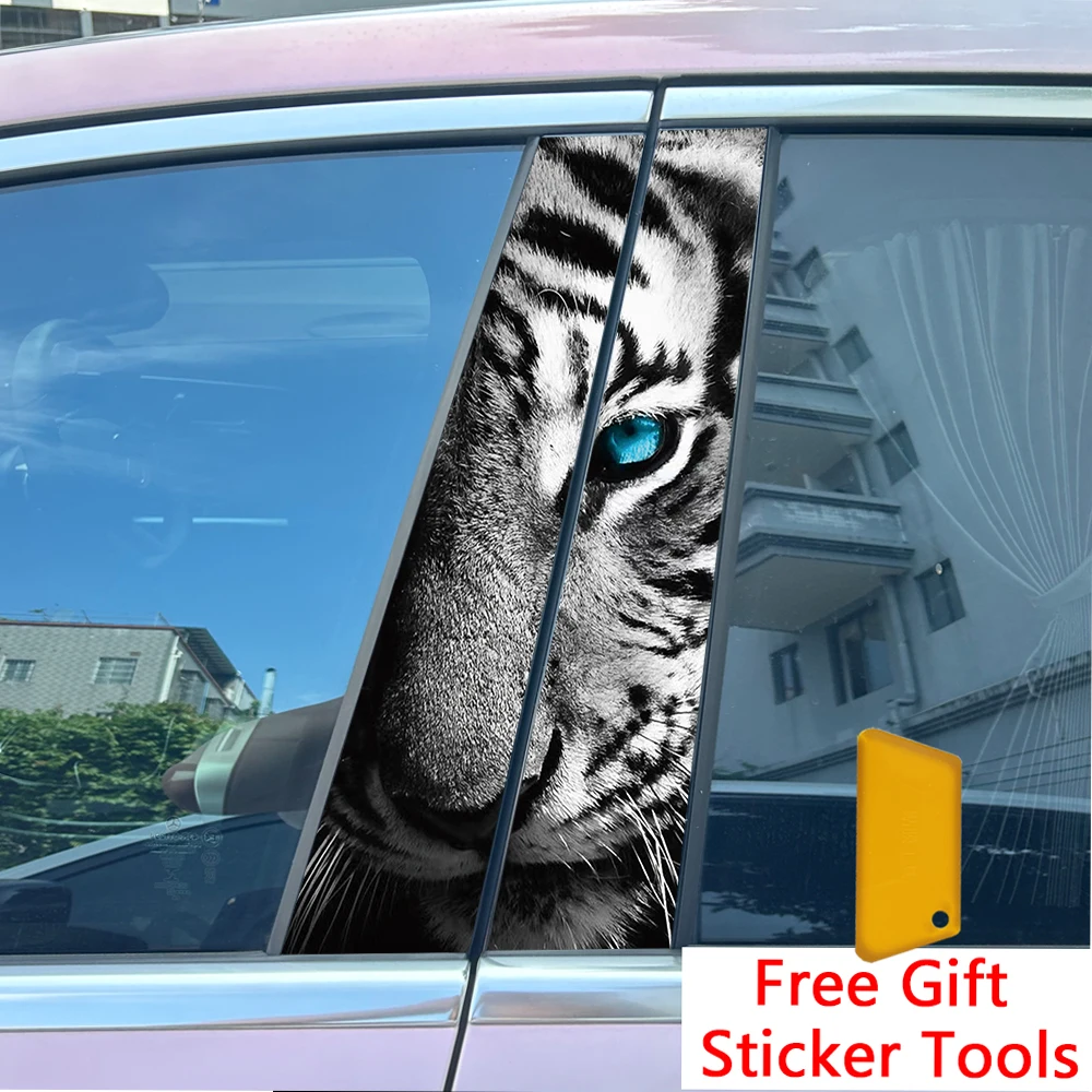 2pcs Blue Eye Tiger Cat Car Center Pillar Sticker B-Pillar Protective Film Decoration Decals