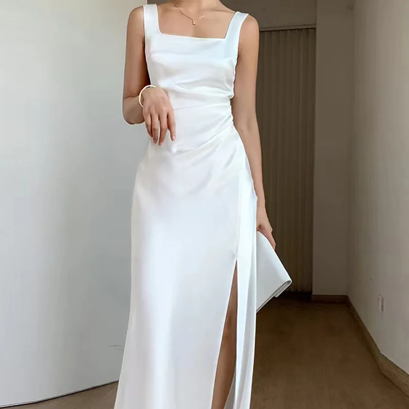 Summer Women Drape Long Sleeveless Acetate Dress Design Office Lady Spring A-line Suspender Dress