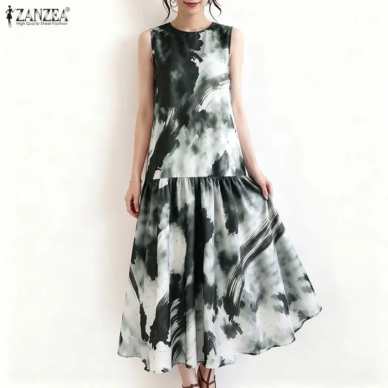 ZANZEA Women Sleeveless A-Line Maxi Dress Print Elegant Casual Summer O-Neck Long Sundress OL Work Party Vestidos Streetwear