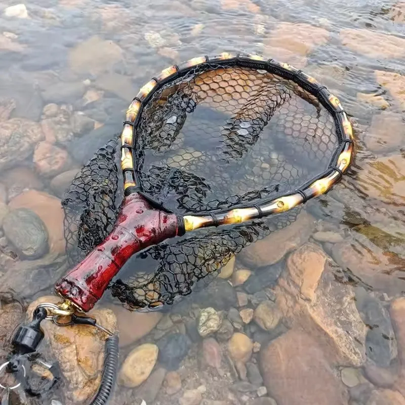 

Чистая деревянная ручка ручной работы, ручная сеть для ловли нахлыстом, маленькая сеть, рыболовная сеть для нахлыста, портативная рыболовная сеть, бамбуковая посуда