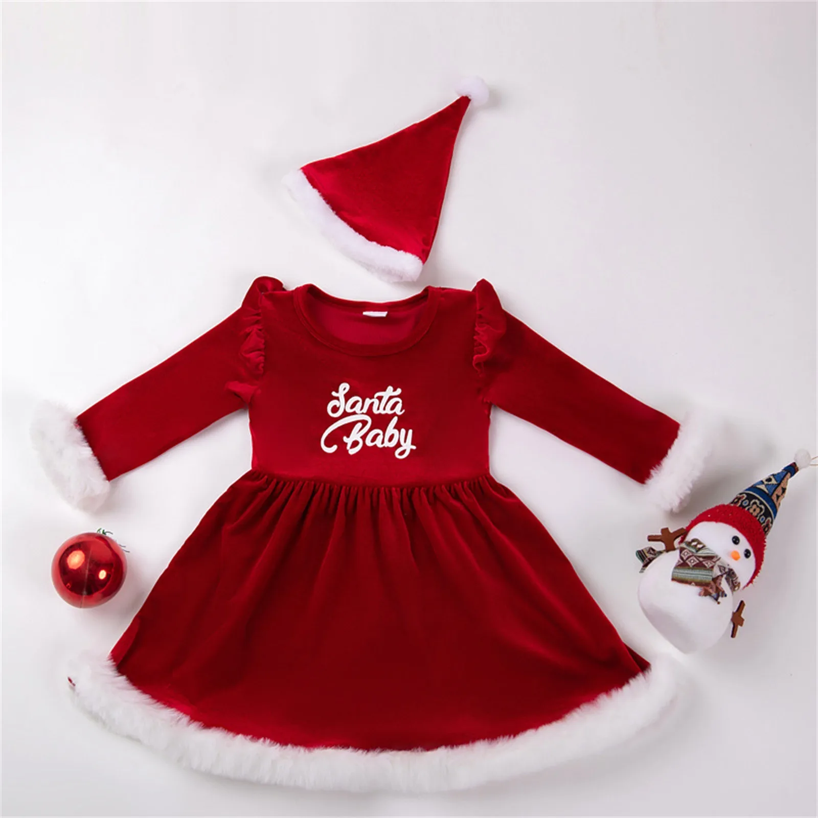 Newborn Baby Girl Christmas Outfit Newborn Santa Romper Dress Xmas Fleece Princess Dresses+Hat 2Pcs Outfit Girls Dress 0-4 Years