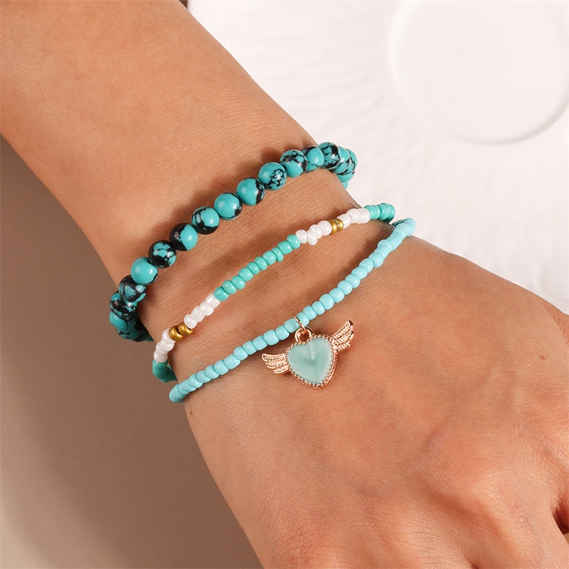 3-teiliges Set Modische Handgefertigte Perlenarmbänder für Frauen, Legierungs-Muschel-Herz-Anhänger-Armbänder, Schmuckgeschenke für Mädchen, Party, Festival – Detail 18