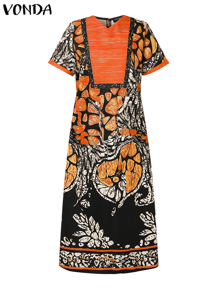 2025 VONDA vestido estampado bohemio de verano para mujer, Maxi Vestidos Vintage de manga corta con cuello en V, vestido veraniego para fiesta, vestido largo holgado informal