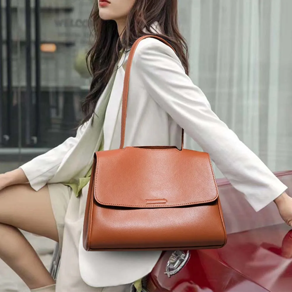 Retro Genuine Leather Tote Bag Women Casual Tote Luxury Quality Napa Cowhide Shoulder Handbag Female Office Pures Brown Bag 2021