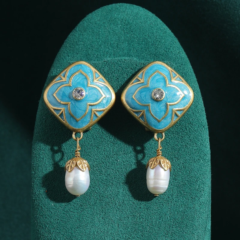 

Vintage Blue Flower Earrings Drop Pearl Antique Gold Plated Natural Stone Pendant Big Style Design Women New Charm Jewelry