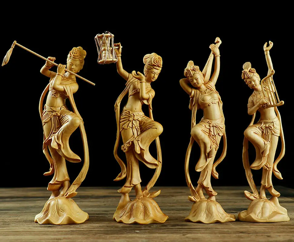 XS331- About 18X5X4.5 Dunhuang Feitian 4 Fairies Boxwood Sculpture Wood Carving Beauty Fairy Statue Collection Ornaments