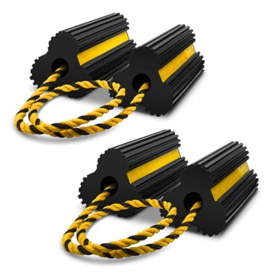 

2 Pairs Wheel Chocks Heavy-Duty Rubber Wheel Block Non-Slip Base with Nylon Rope Yellow Reflective Tape - 4 Pack Wheel Stopper