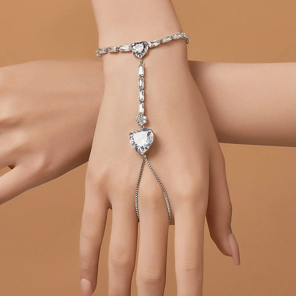 Stonefans สร้อยข้อมือหัวใจ CZ ทำด้วยมือสุดหรูโซ่มือสำหรับผู้หญิงปรับกำไลข้อมือด้านหลังได้เครื่องประดับแหวนใส่นิ้วแฟรี่ทาส