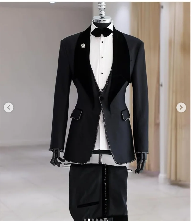 

Black Men Suit Set 2 Piece Beaded Blazer+Pants Prom Wedding Tuxedos Coat Cotton Autumn Customized Formal Office Business Jacket