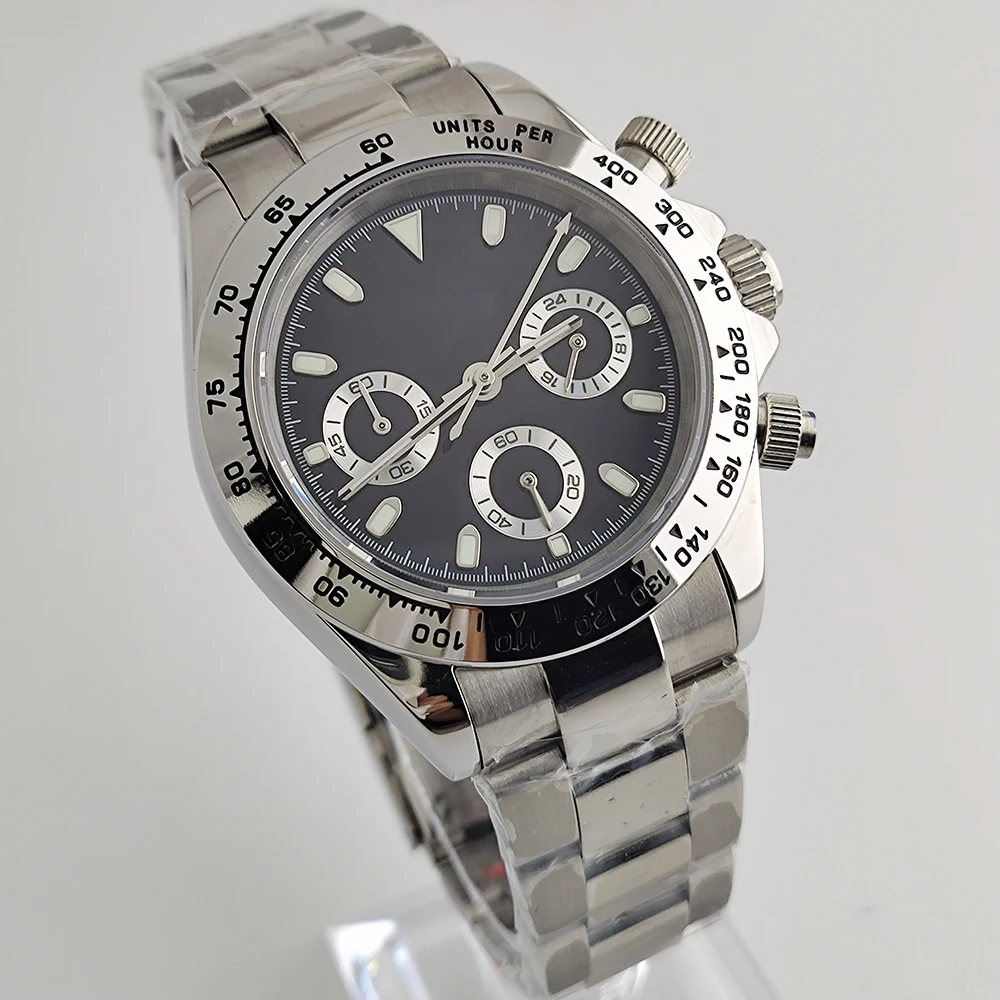 Customized 39mm Business Quartz Watch Men's Timing Sapphire Glass VK63 Movement Green Luminous Watch