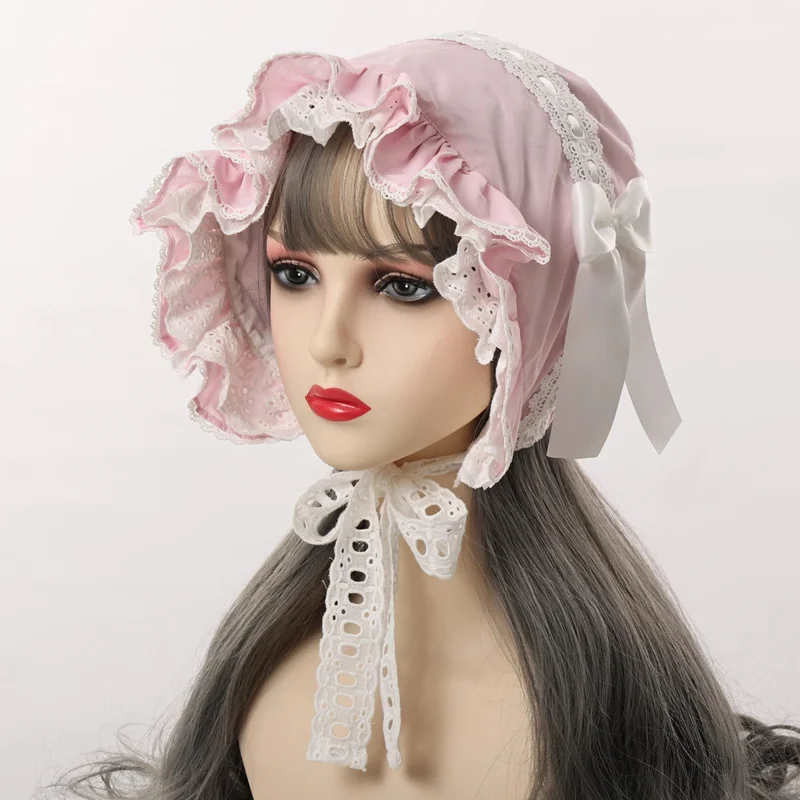 Women Pilgrim Victorian Bonnet Lolita Vintage Ruffles Maid Cosplay Hat