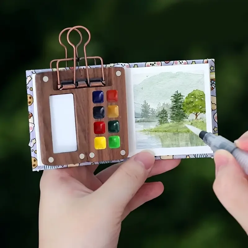 15/8-Fächer-Farbpalette, 1 Pinsel und ein Aquarell-Skizzenbuch, 12 Farbpigmente, 1 Klemme – perfekt für Kunst unterwegs – Detail 6