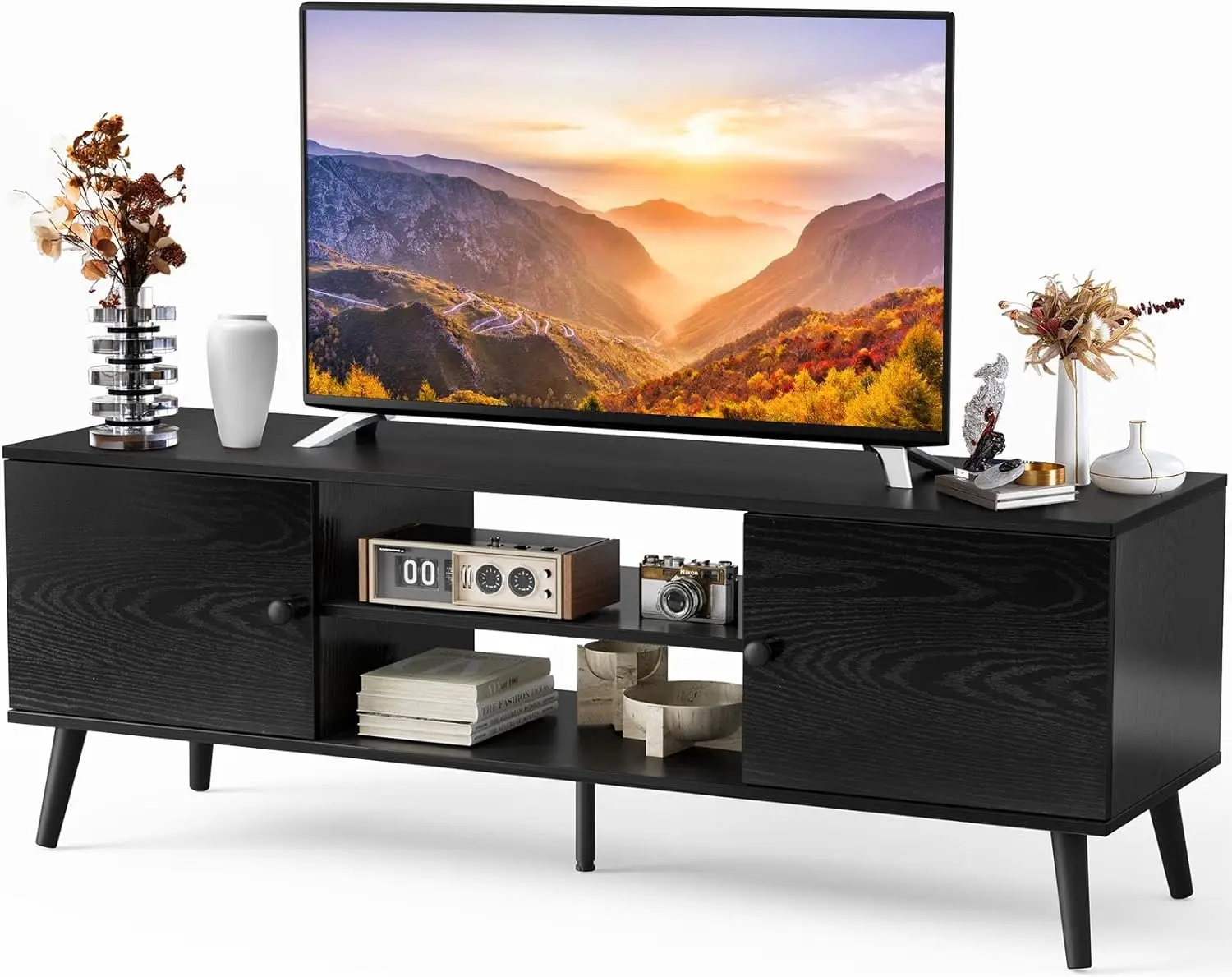 TV Stand for 55 60 inch TV, Entertainment Center with Storage Cabinet, Mid Century Modern Media Console Table, Adjustable Hinge