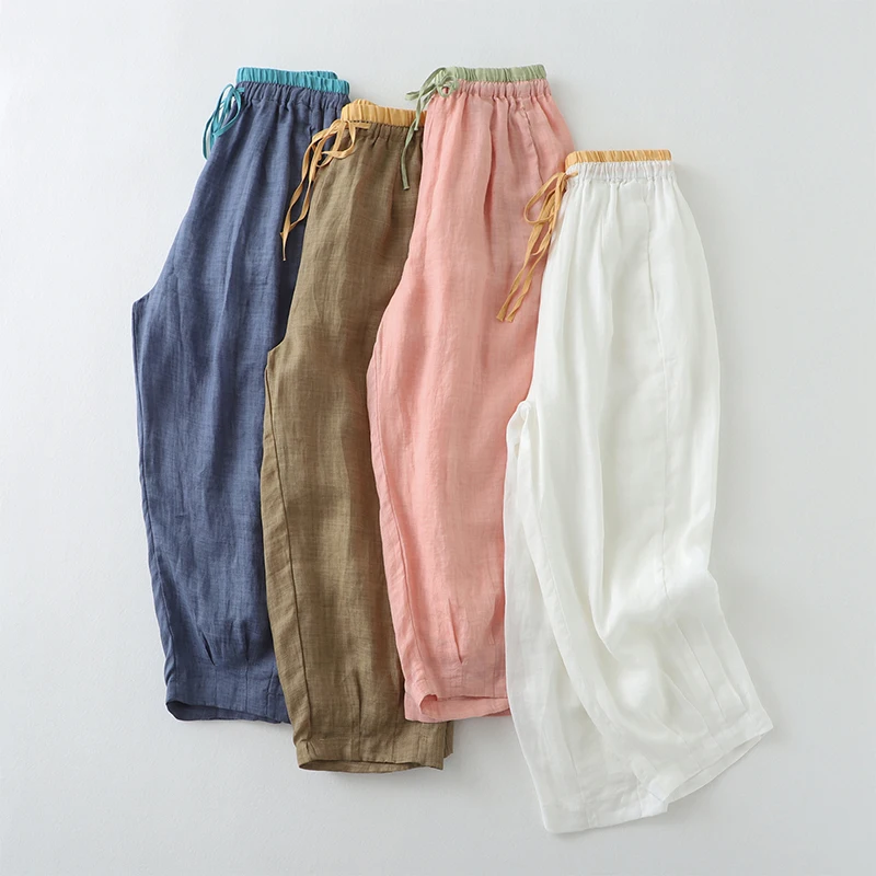 Summer Linen Lantern Pants Women'S Clothing Elastic High Waist Loose Female Contrasting Color Daily Home Trousers JJ111