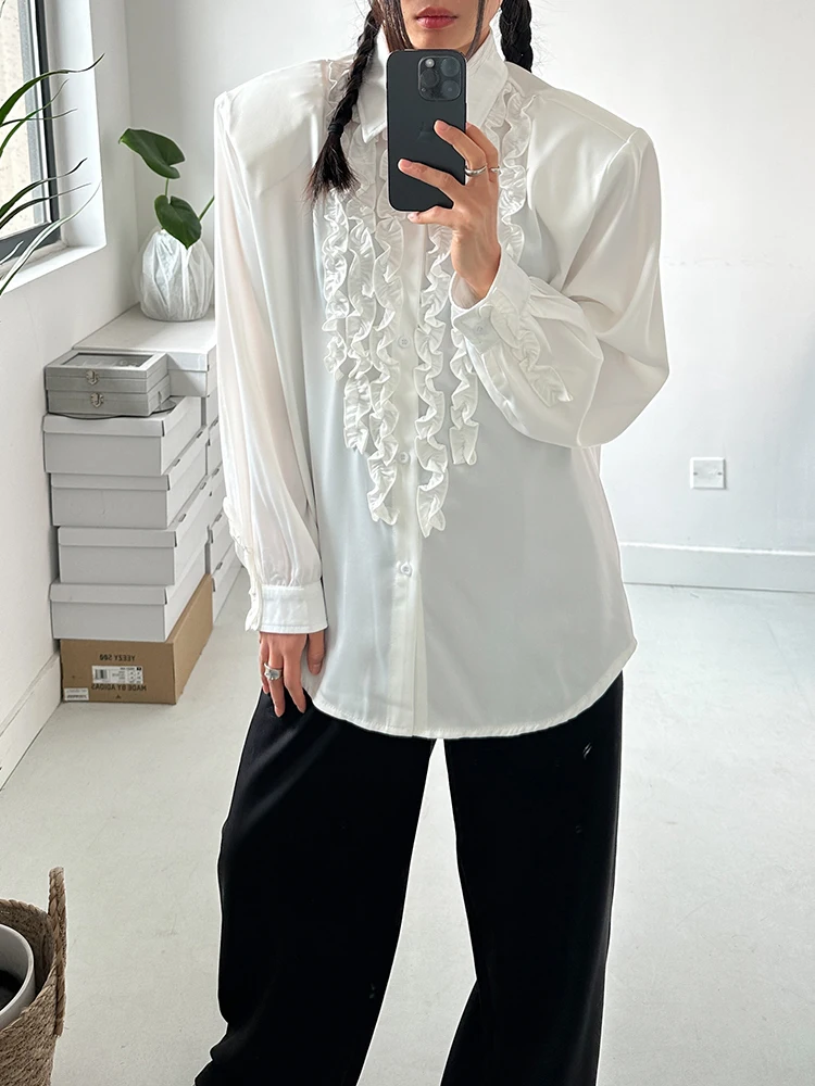 

SuperAen 2024 Summer New Design Satin Drape Long Sleeve Shirt Loose Ruffle Lace Shirt for Women