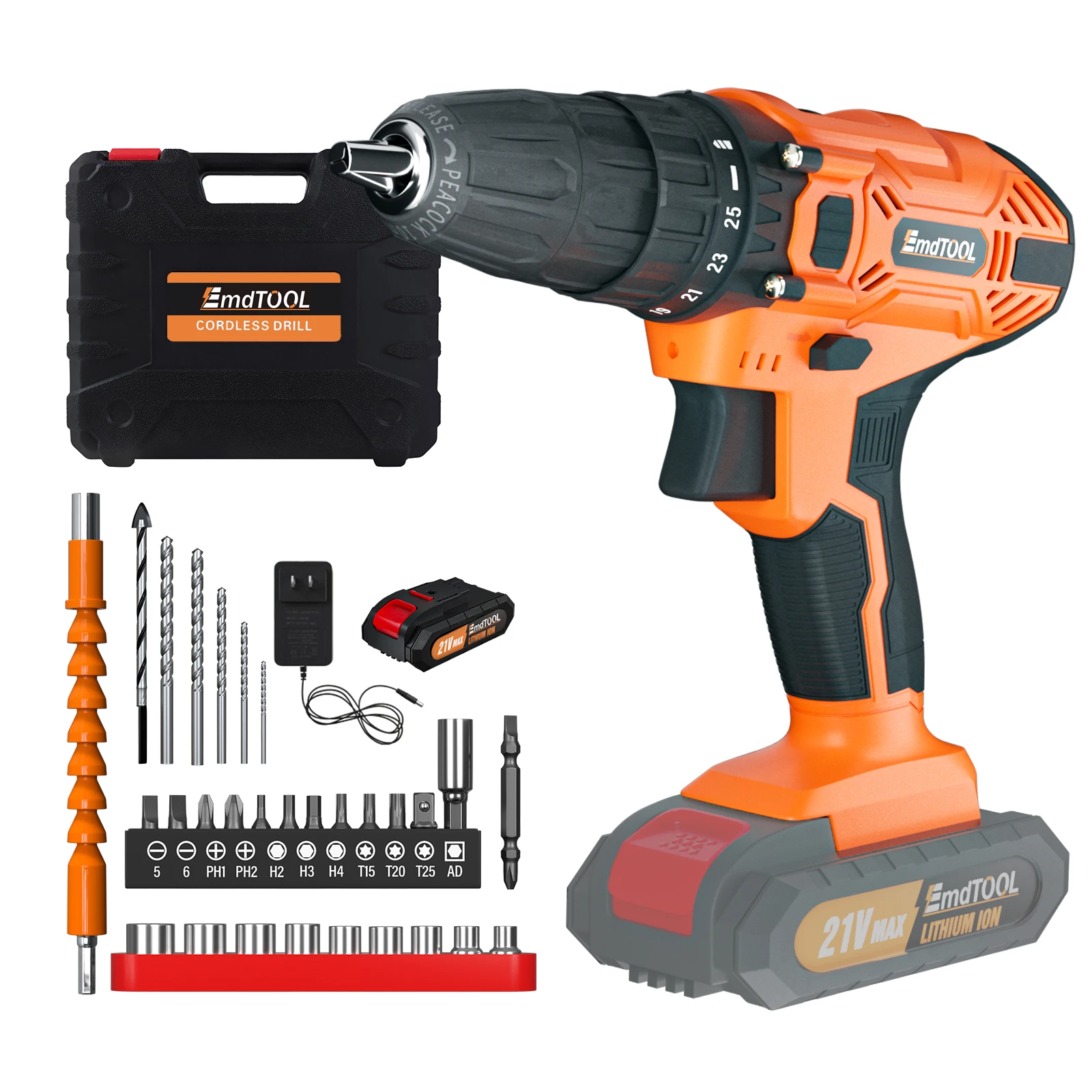 45Nm 2700RPM Cordless Drill with Battery and Charger, Electric Drill Screwdriver Set ImpactDriver, 2 Speed, 29 PCS Accessories