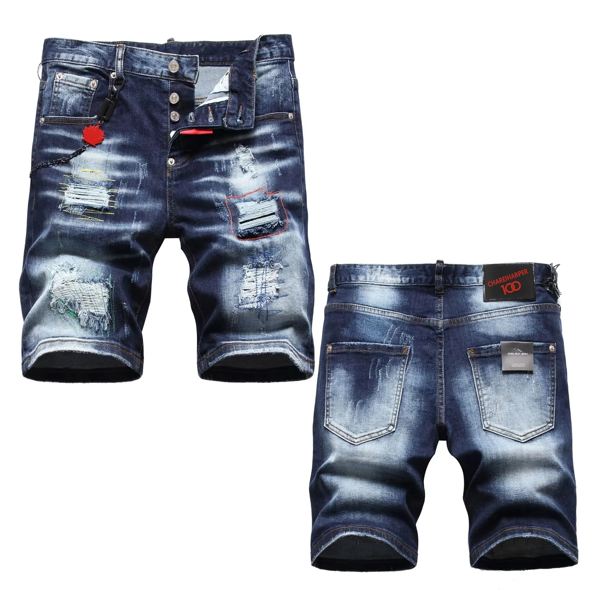 

chareiharper 1119 plus size Fashion five cent shorts colored embroidered mess thread ripped patch lanyard decorated jeans men