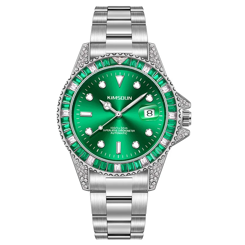 New Diamond Green Submariner Automatic Mechanical Steel Belt Fashion Luminous \'s Waterproof Watch Men