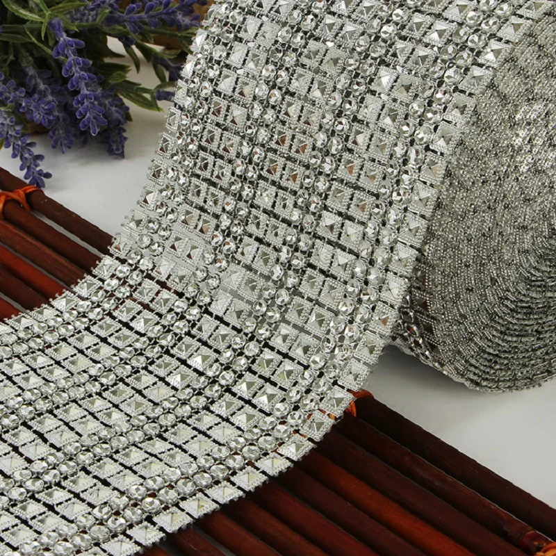 10yard 6row Rectangle Beads Spots Bendable Mesh Wrap Roll Chain Trim For Wedding Party Sewing Apparel Bag Shoes Cap Decoration