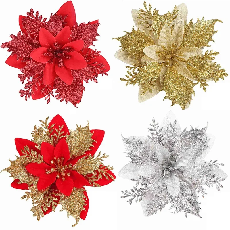 10Pcs 14cm Christmas Flower Ornaments Red Gold Glitter Artifical Flowers For Christmas Tree Xmas Decoration Home New Year Decor
