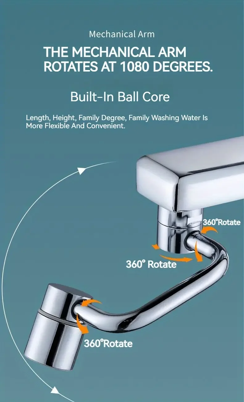 1 Stück 1080 ° Schwenkbarer Küchenarmatur-Verlängerung aus Edelstahl, universell, spritzwassergeschützt, Dual-Modus, Badezimmer-Waschbecken-Zubehör mit Adapter – Detail 4