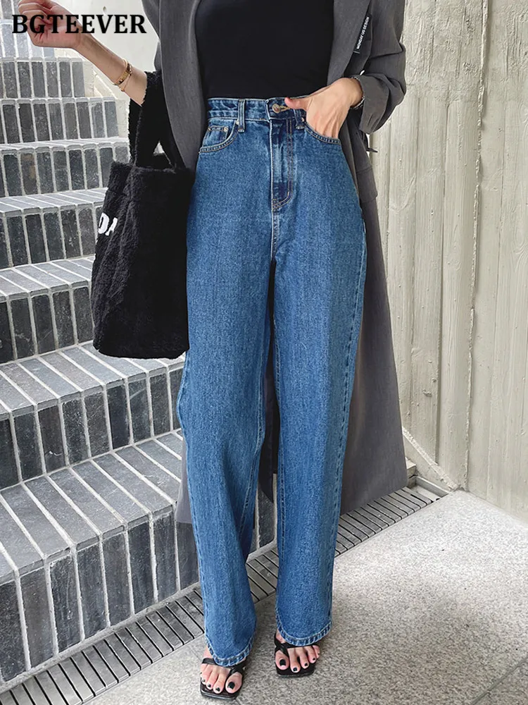 

BGTEEVER Spring Autumn High Waist Single Button Women Wide Leg Jeans Pants Casual Loose Pockets Straight Ladies Denim Trousers