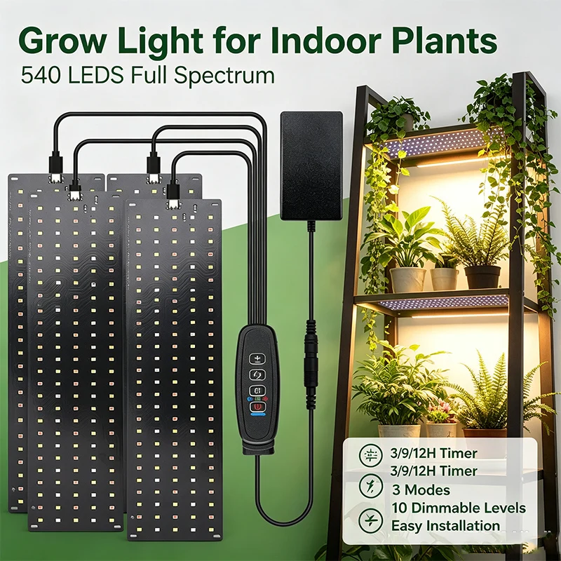 Lámpara LED de Cultivo para Plantas de 12V, Espectro Completo, Regulable, con Temporizador, para Interiores, Invernaderos y Acuarios