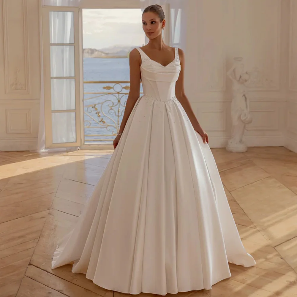 

Classic Pearls Satin Wedding Dress Customized Women V Neck Sleeveless Pleats Bridal Gowns with Chapel Train Vestido De Novia